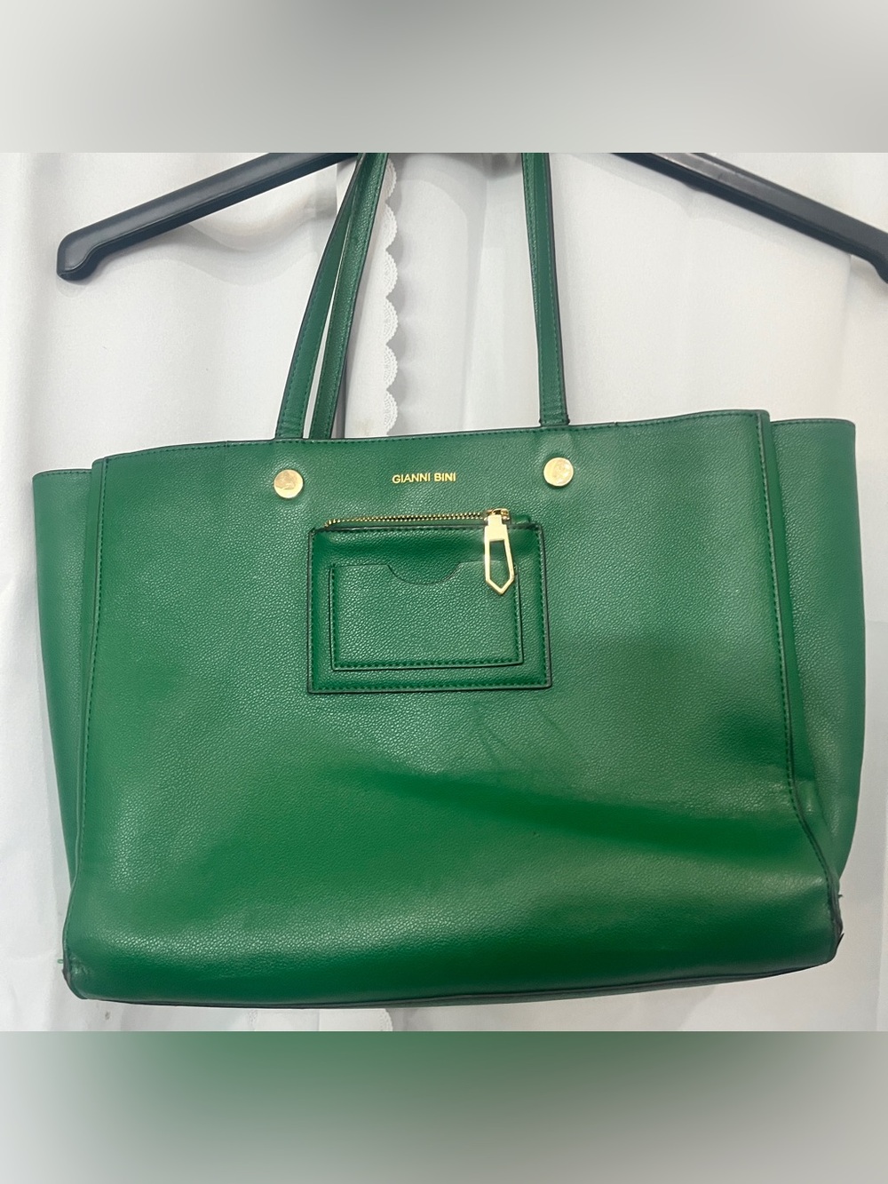 Gianni Bini Emerald Green Leather Tote with Front Zip Pocket